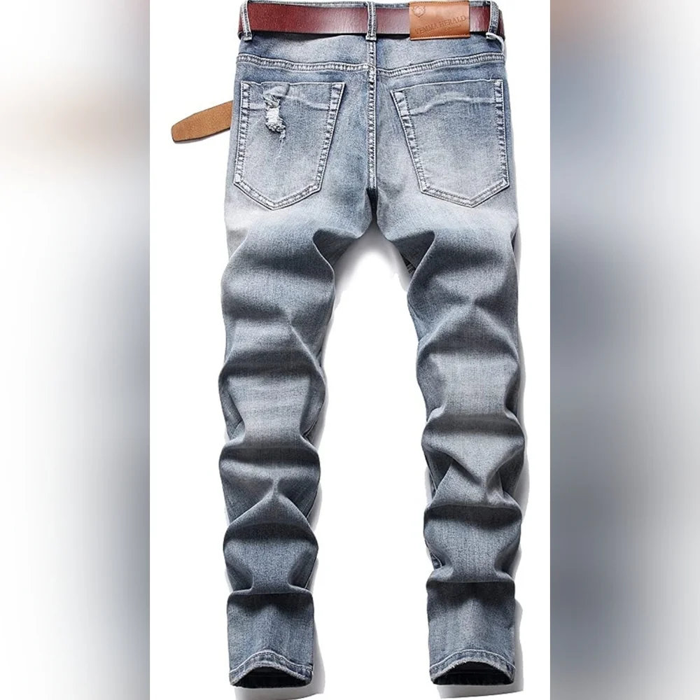 Mens Slim Fit Distressed Straight Leg Denim Jeans - Picture 3 of 5